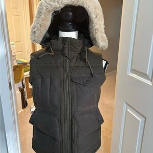 Filson Brown Hooded Vest with Fur Trim